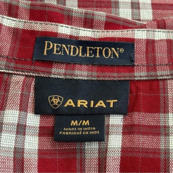 Pendleton x Ariat Plaid Pearl Snap Shirt Men’s Sz Medium Red White Western Rodeo - Picture 3 of 9